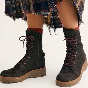 Free People Dark Combat Boots with Burgundy Laces